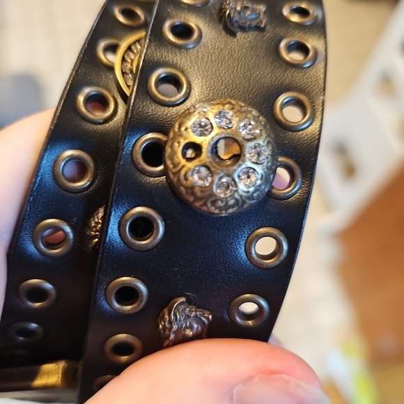 Versace Black Leather Eyelet Belt with Gold Medallion Accents